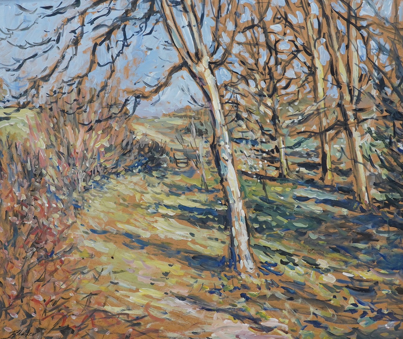 Michael John Blaker (1928-2018), two oils on board, 'A March Day' and ‘Country Landscape, possibly France’, each signed, largest 49 x 59cm. Condition - good